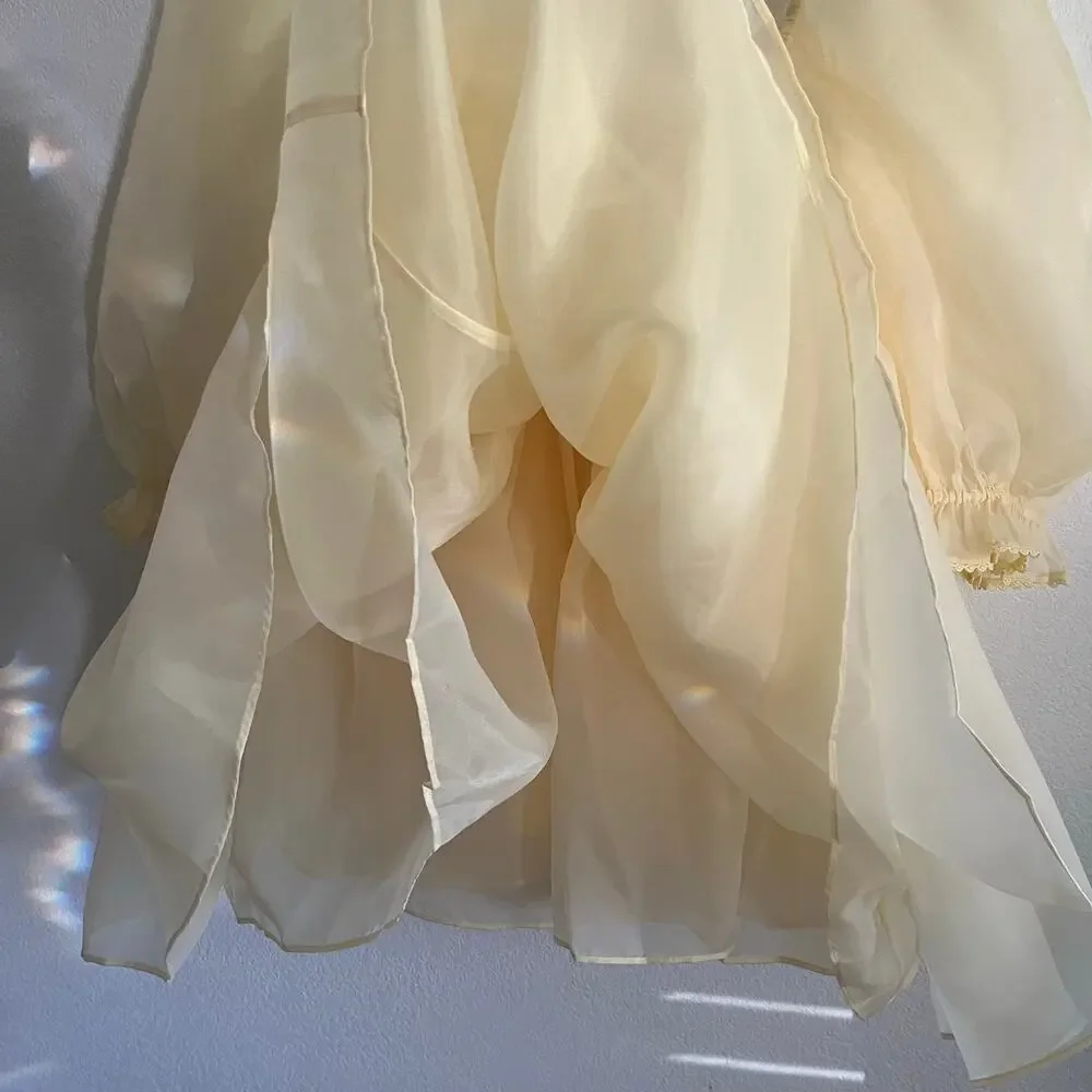 Selkie Baby Banana Puff Sleeve Layered Organza Mini Dress NWT